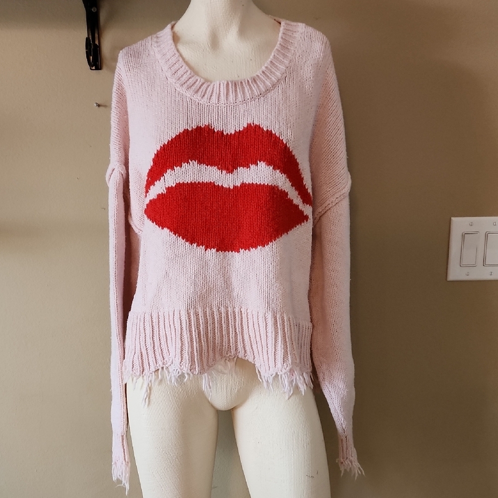 Wildfox Pink and Red Crew Neck Sweater with Bold Lips Design